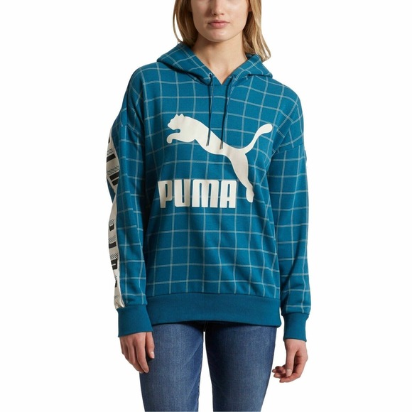 Puma Women Hoodie L Blue Revolt Retro Checker Big Logo Pullover Mod Rock - Picture 1 of 11